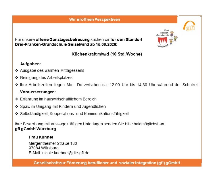 Küchenkraft für die offene Ganztagsbetreuung gesucht