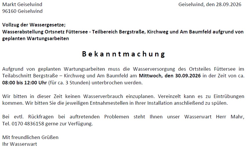 Wasserabstellung Ortsnetz Füttersee - Teilbereich Bergstraße, Kirchweg und Am Baumfeld