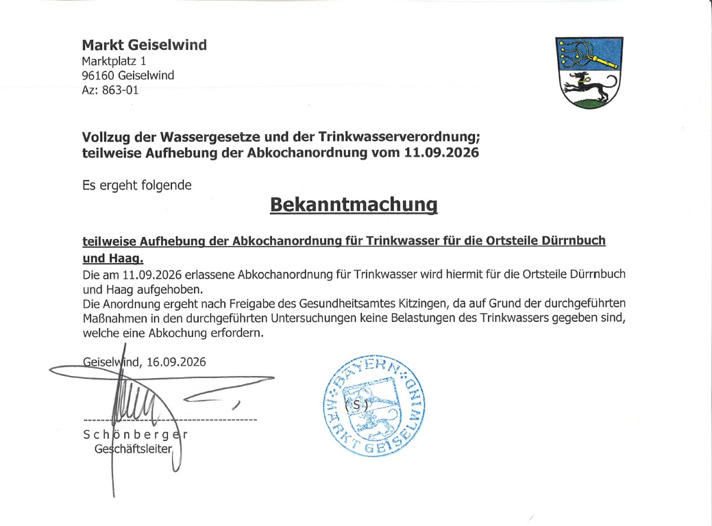 Teilweise Aufhebung der Abkochanordnung für Trinkwasser in den Ortsteilen Haag und Dürrnbuch